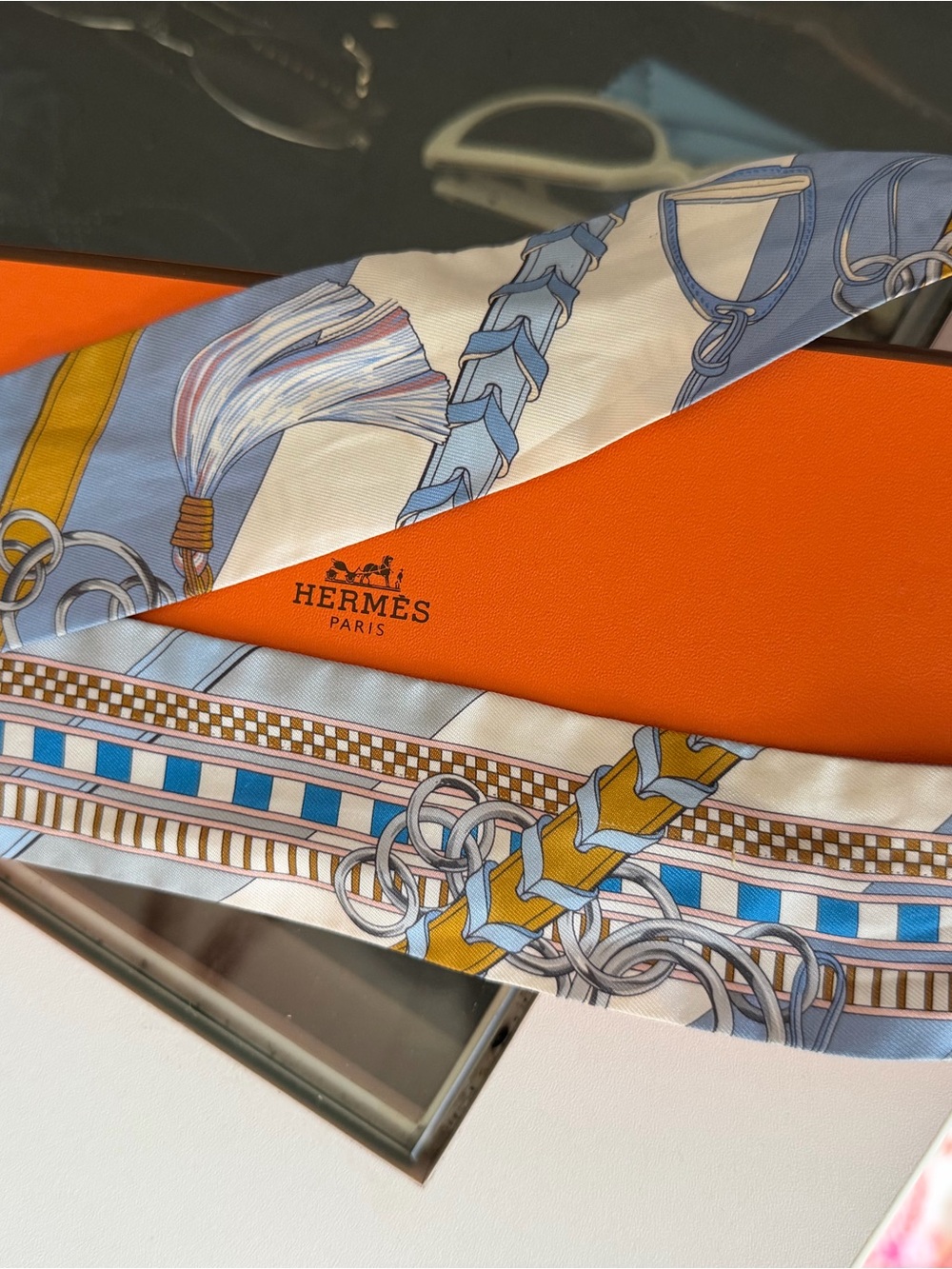 Hermès Silk Twilly in Blue, Yellow, White